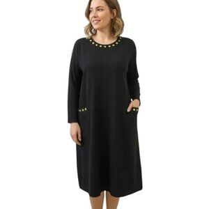Nina Patrick Sweater Dress Black Gold Snap L Wool Blend  Vintage Casual Preppy